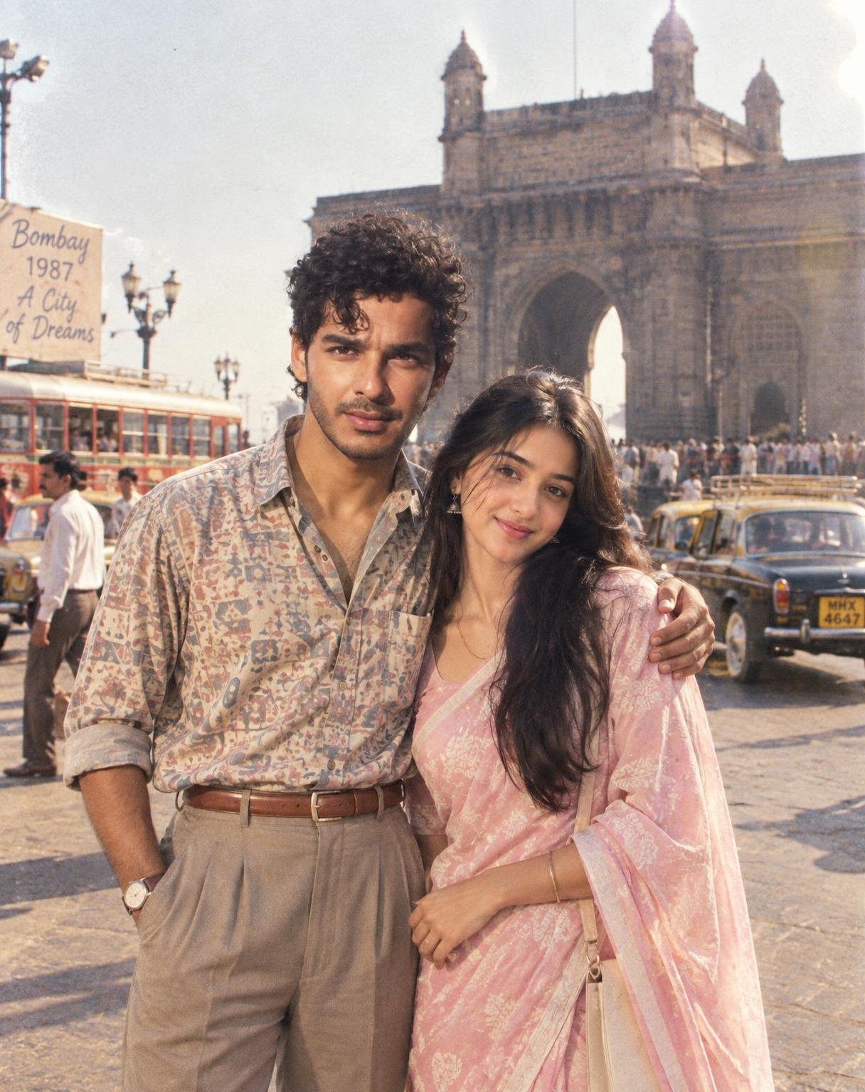 AUTHENTIC 1980s MUMBAI COUPLE PHOTOGRAPH - GATEWAY OF INDIA: 4:5 vertical portrait of a genuinely photographed Indian couple standing naturally at the Gateway of India, Mumbai, circa 1985-1989. Captured directly on a real 35mm film camera using Kodak ColorPlus/Kodak Gold-style color negative film with a natural 50mm lens. The photograph must have authentic analog rendering, organic film grain, slight natural softness, subtle color shifts, gentle highlight halation, realistic skin texture, natural shadows, and imperfect exposure. The couple should have authentic late-1980s Indian fashion and styling: the man wearing a tucked-in patterned shirt, high-waisted pleated trousers, leather belt, classic wristwatch, and neatly styled 80s hair; the woman wearing an elegant 1980s Indian outfit with a natural period-appropriate hairstyle, simple jewelry, and authentic understated styling. Use a natural candid couple pose with genuine expressions and slightly imperfect composition, like a real family vacation photograph. The background must accurately represent Mumbai in the late 1980s, including the Gateway of India, vintage black-and-yellow taxis, Ambassador cars, old buses, handwritten signs, tourists, street activity, and the original period streetscape. No smartphones, modern cars, LED signs, digital screens, contemporary clothing, modern architecture, Al beauty retouching, plastic skin, excessive sharpening, HDR, exaggerated colors, fake scratches, fake dust, or excessive artificial vintage effects. Make the entire image look genuinely photographed in Mumbai in 1987 on 35mm film, not like a modern Al-generated image with an 80s filter. Prioritize historical accuracy, natural lighting, realistic human proportions, authentic Indian styling, genuine facial details, and convincing in-camera analog photographic realism.
