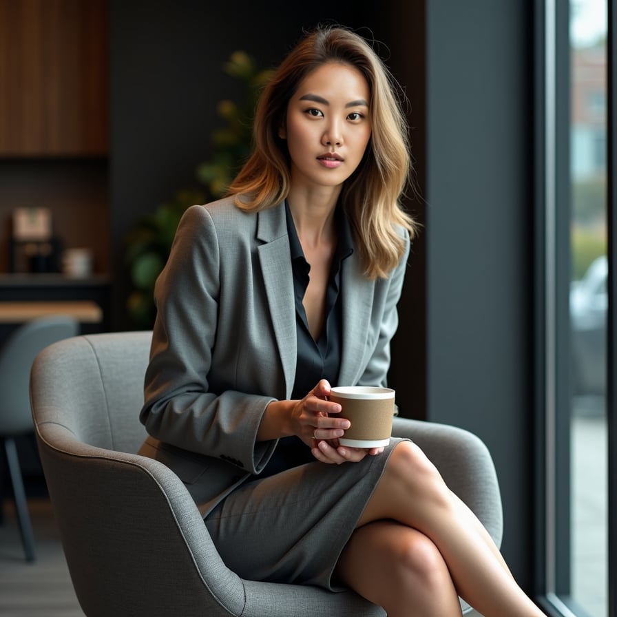 A professional woman sitting in a modern office lounge, wearing a smart casual outfit: a blazer over a silk blouse and fitted trousers. She holds a coffee cup in one hand, smiling warmly at the camera while crossing her legs elegantly