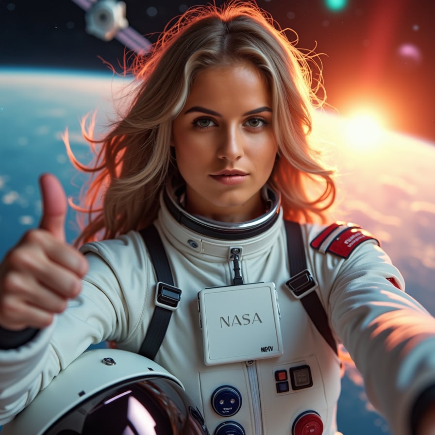 woman in a white NASA-inspired astronaut suit, posing with a helmet under her arm, giving a thumbs up and a bright smile, with a galaxy-themed background, neon lights and stars, snapping a selfie with a space-themed filter, spaceship or planetary scenery in the background.