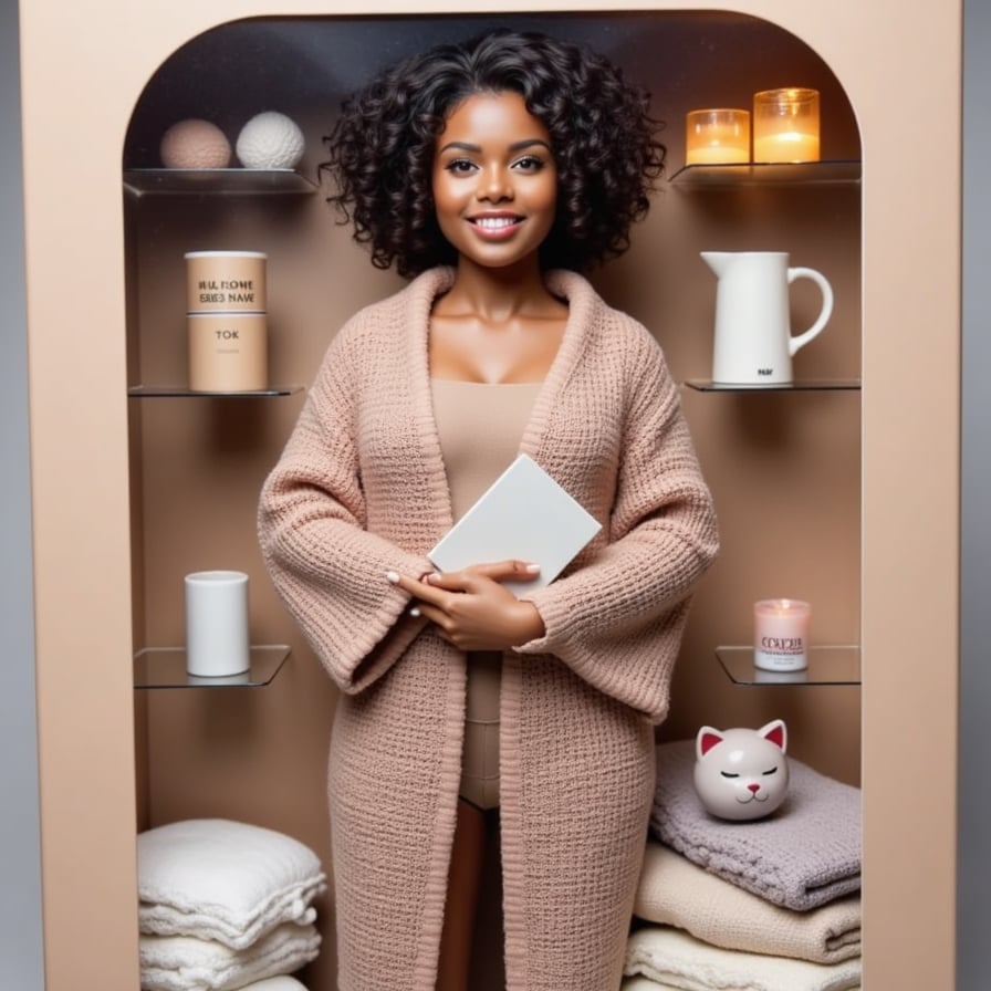 Wrapped in a chunky knit blanket, this figure holds a book in one hand and hot cocoa in the other. Includes: candles, fuzzy socks, sleepy cat figure, and fairy lights.