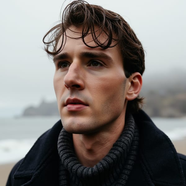 A cinematic coastal portrait of a man (late 30s) standing near the ocean during heavy fog, waist-up framing, camera at eye level, shoulders slightly angled. Hair: medium-length hair swept back by wind, natural texture. Face: realistic skin with subtle weathering, faint crow’s feet, relaxed serious expression, eyes gazing toward horizon. Wardrobe: thick navy wool coat with heavy texture and structured collar, fabric fibers visible. Lighting: soft overcast ambient light, no harsh shadows, gentle contrast. Background: fog-covered ocean and cliffs fading into white-gray gradient, extremely clean and uncluttered. Camera: 70mm lens, f/2.8, compressed cinematic depth. Mood: quiet, expansive, introspective. Highly detailed, highly realistic, HDR quality, cinematic natural atmosphere, minimal background clutter.