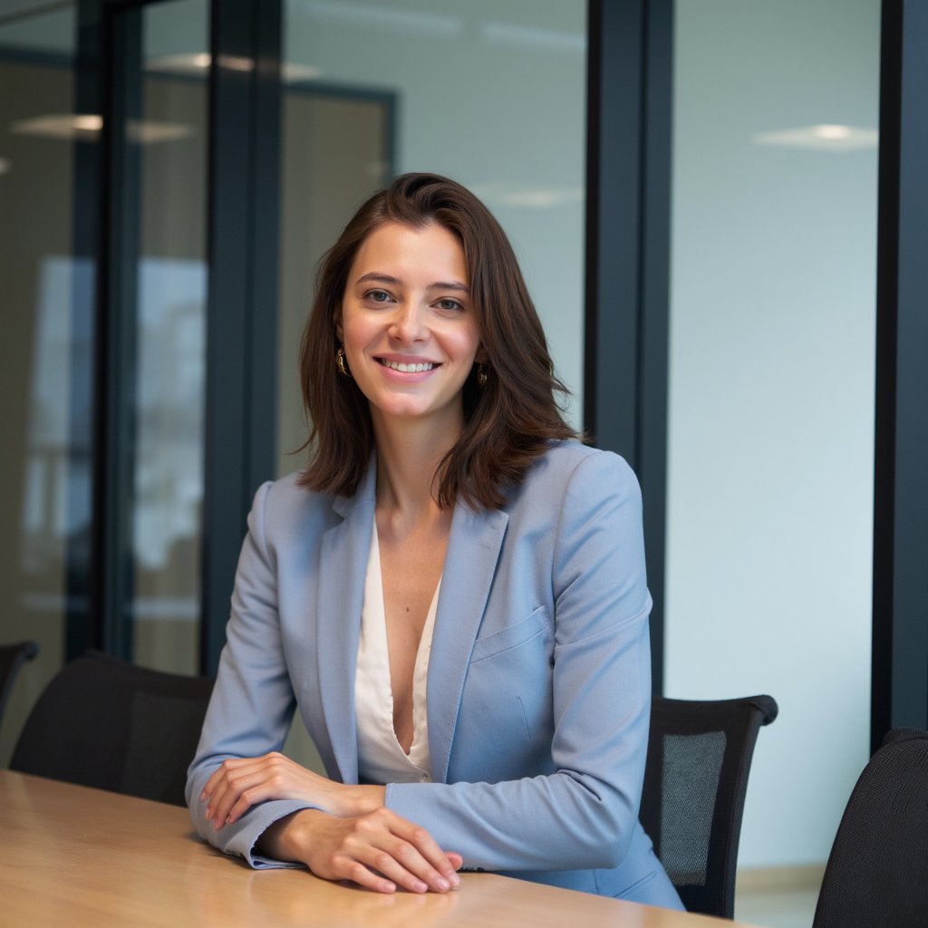 Highly detailed, highly realistic HDR image of a woman business manager in a powder-blue tailored pantsuit with subtle sheen, white shell blouse underneath; hair in soft waves at shoulder length. Camera: 50mm lens, f/3.2, ISO 320, half-body shot from seated eye level, slight downward tilt. Lighting: ceiling lights as fill, window daylight key at side; faint shadow beneath chin. Pose: seated at conference table, one hand gesturing mid-sentence, engaged smile. Background: blurred glass partitions and large table surface with reflection, minimal clutter.
