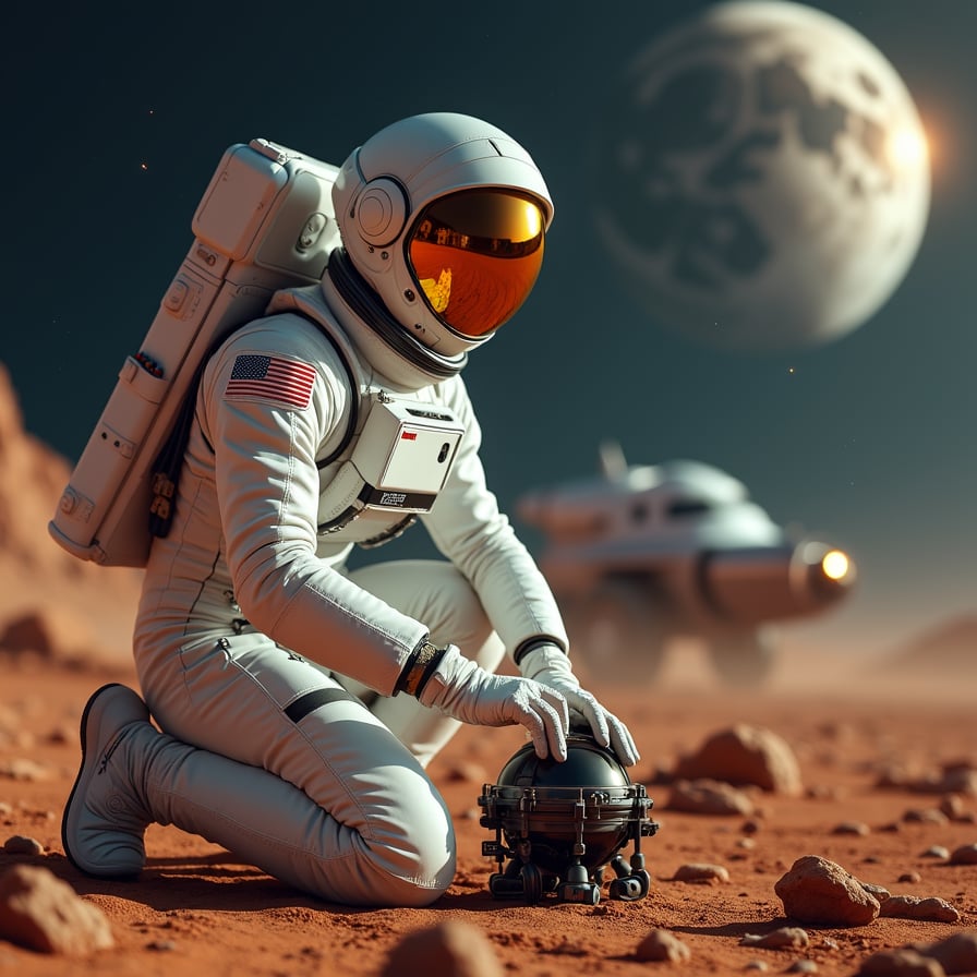 woman in a functional astronaut suit, bending over and tinkering with the engine of her spaceship, surrounded by barren Martian terrain with craters, rocks, and a distant parked spaceship, set against a starry night sky with Mars and Jupiter visible as bright celestial bodies, under the soft, gentle glow of moonlight, with subtle shadows highlighting the suit's textured fabric and folds, emphasizing a sense of realism and practicality.