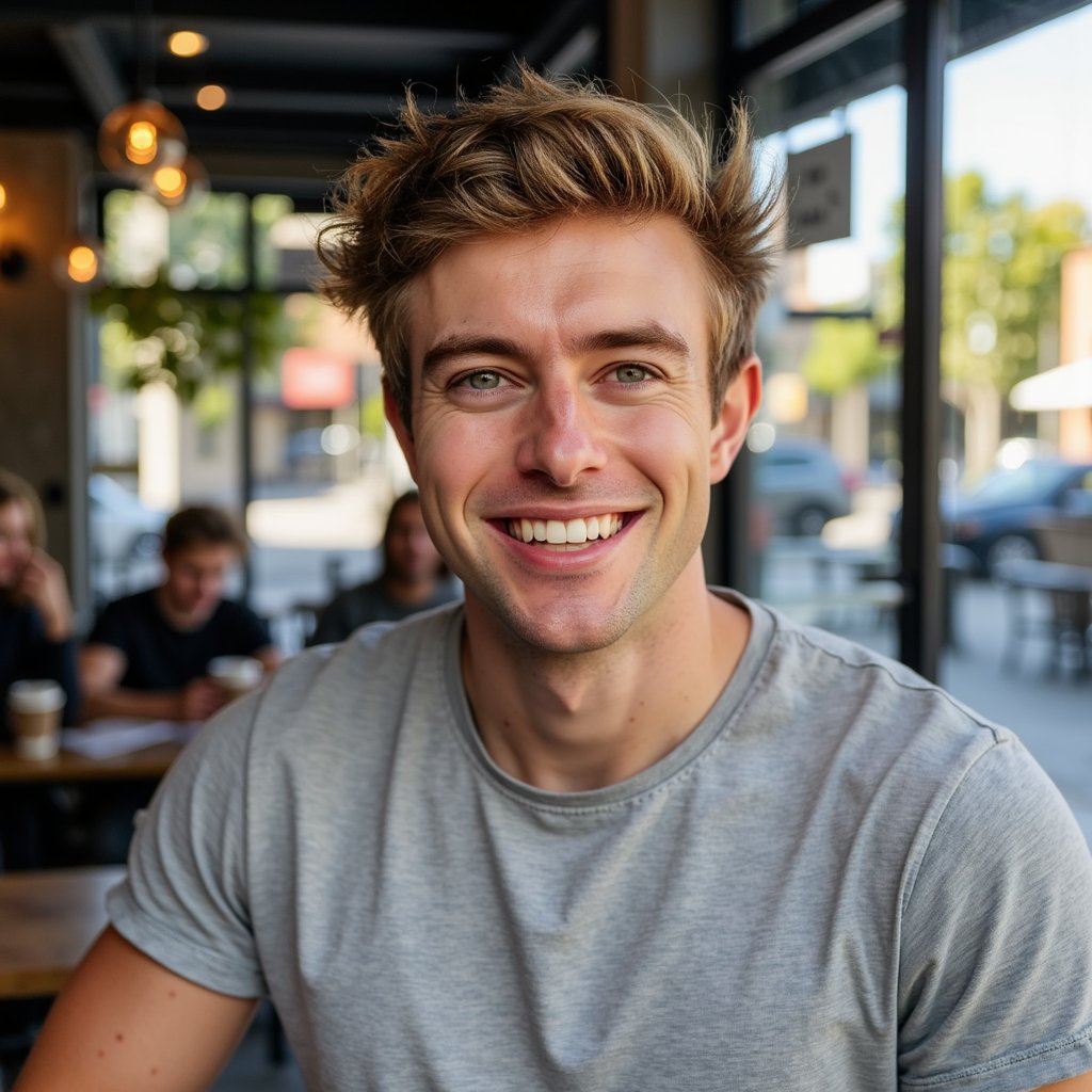 man, featured in a front-on headshot, wearing a soft grey tee with a subtle texture. He has short brown hair and a slight beard shadow, captured with a relaxed, approachable smile. The background is a softly blurred café interior, bathed in natural warm lighting emanating from a nearby window. Subtle skin imperfections are retained for a touch of realism, while his eyes and hair details remain sharp and defined.