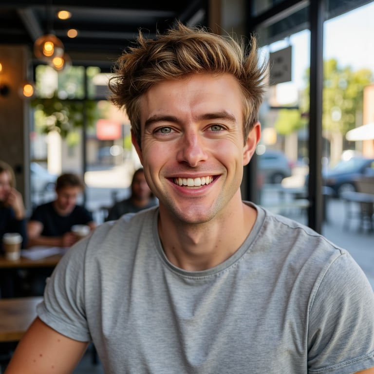 man, featured in a front-on headshot, wearing a soft grey tee with a subtle text