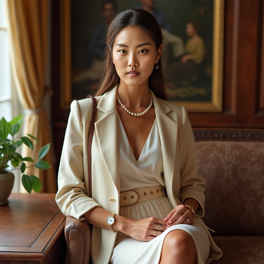 woman with an elegant and aspirational presence. She is styled in classic, neutral-toned attire with subtle jewelry. The backdrop is a softly blurred scene of an exclusive garden or a sunlit mansion interior. Her expression is serene yet inviting, perfect for an aristocratic social media persona