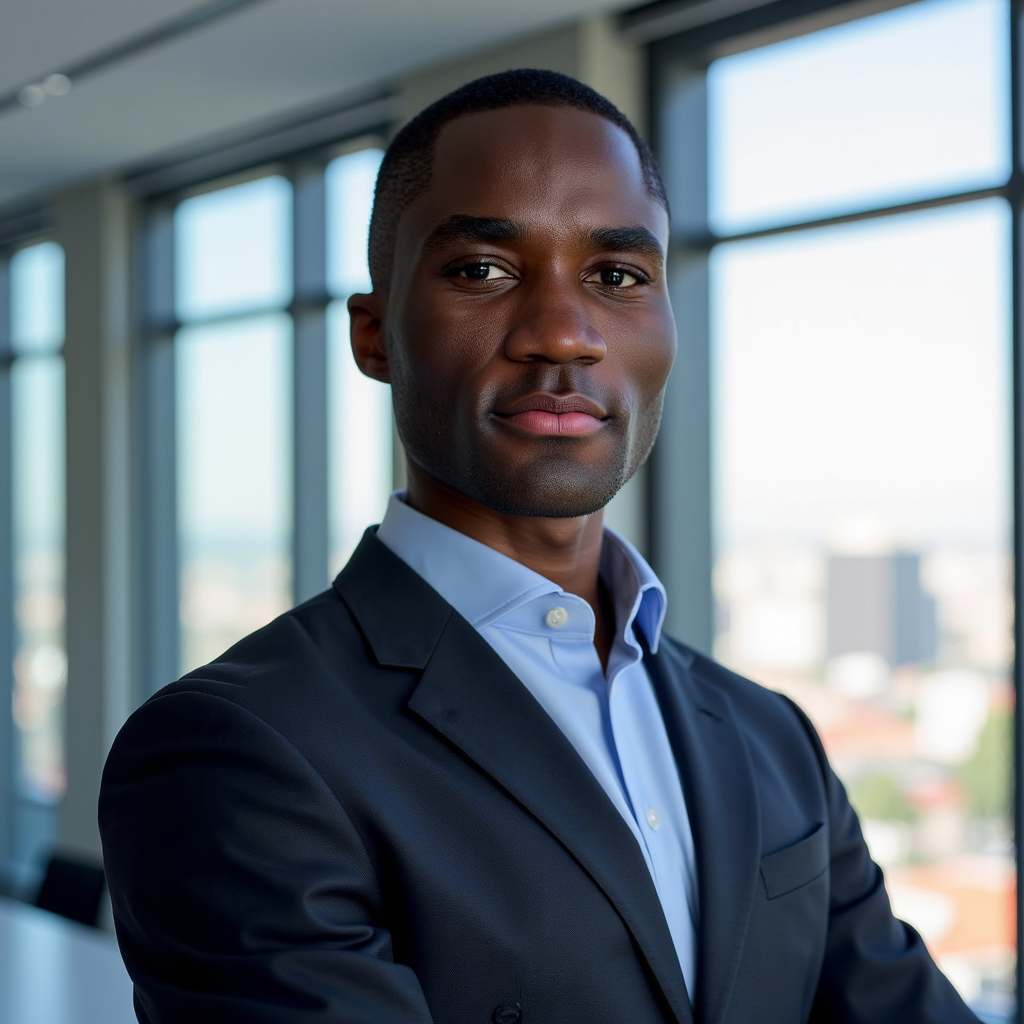 Close-up headshot of a man in a black suit and crisp blue shirt, direct frontal 