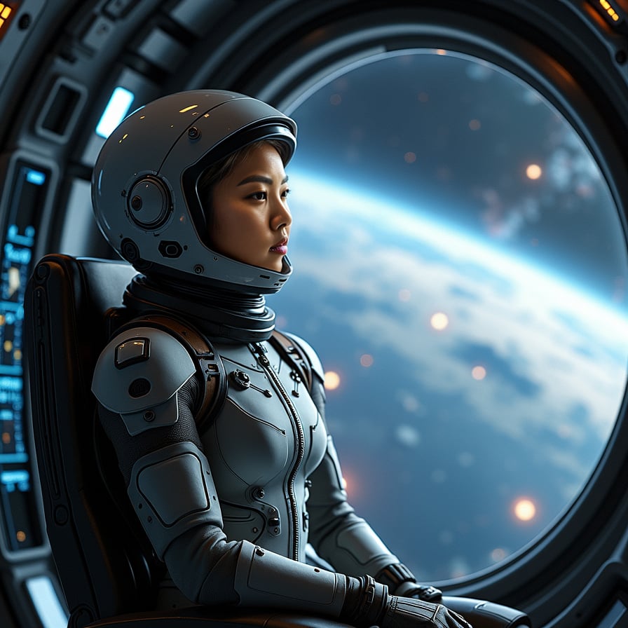 A woman captain standing on the command deck of a massive starship, looking out at the vast expanse of space through a large viewing window. She is dressed in a sleek, futuristic uniform. Outside, planets, nebulae, and stars fill the cosmos, while holographic displays around her show tactical maps and navigation data