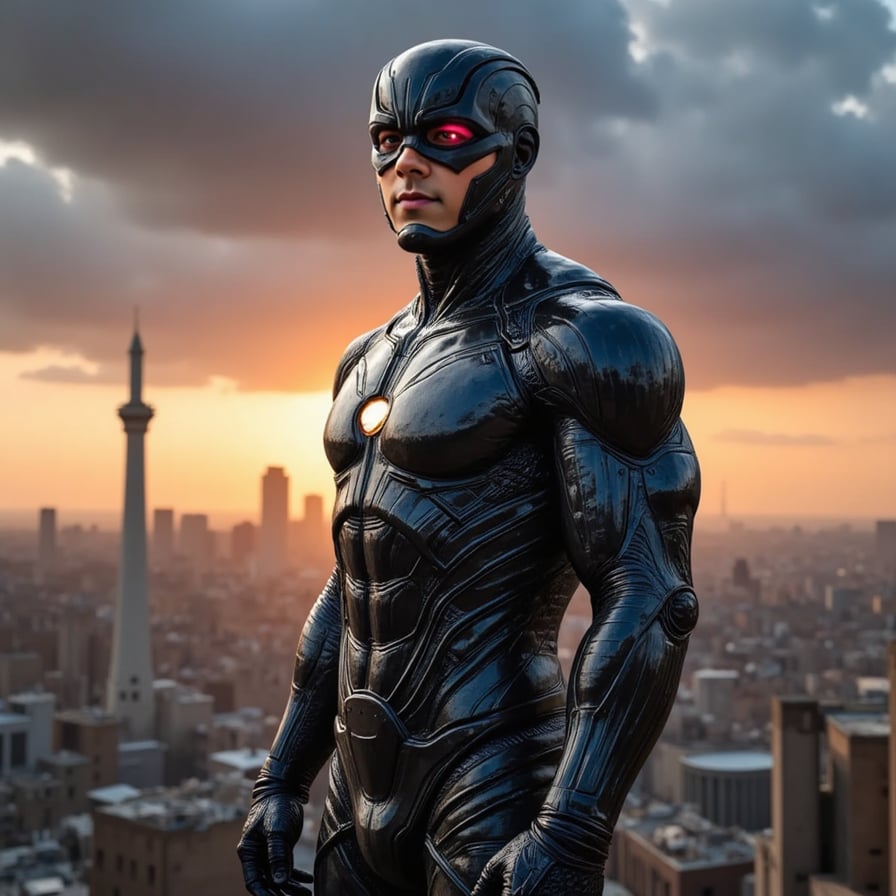 Stoic male superhero inspired by Iron Man and Black Panther, nano-tech suit partially transforming, city in ruins behind, reflective visor, dramatic sunset backdrop, Marvel movie still quality