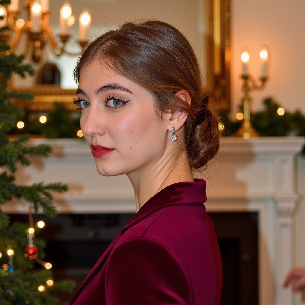 Close-up portrait of a woman in evening attire under soft chandelier light, looking slightly past the camera. Hairstyle: sleek bun with central part; classic red lip. Attire: deep wine-colored velvet gown, diamond studs, faint shimmer on skin. Fabric details: velvet pile visible, fine reflections on jewelry. Camera: 85mm, f/1.6 for creamy bokeh. Lighting: warm chandelier key with soft fill; gentle highlights across cheekbones. Background: blurred lights, faint silhouettes of a ballroom, minimal visual noise. Pose: elegant neck line, shoulders turned 15° off axis.
Render: highly detailed, highly realistic, HDR; visible fine hair texture, true skin sheen, layered lighting depth.
