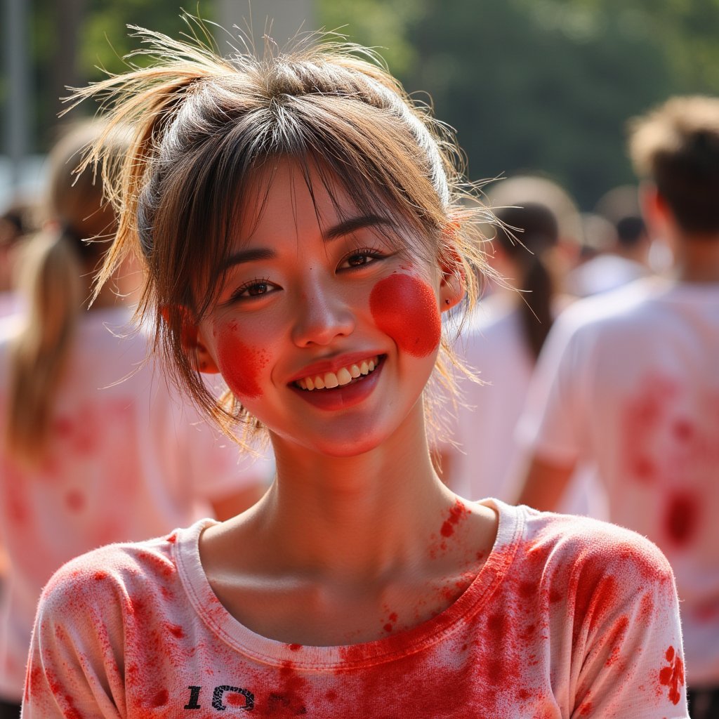 Headshot of a playful woman winking with tomato sauce smeared across one cheek, messy ponytail, red-stained festival shirt, pure La Tomatina joy
