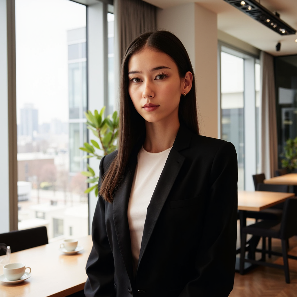 A female entrepreneur photographed in a refined indoor setting, captured in a th
