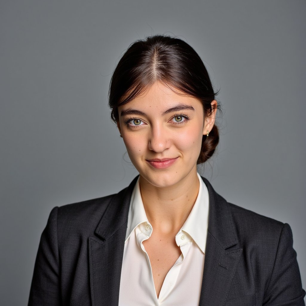 Highly detailed, highly realistic, HDR portrait of a woman executive with a sleek low bun and center part; charcoal wool blazer layered over a soft ivory silk blouse; fabric texture visible in folds. Camera: 85mm lens, f/2.0, ISO 200, eye-level, chest-up framing. Lighting: large octabox key at 45° camera left, subtle reflector fill from camera right, faint rim light separating hair from backdrop; natural shadow falls right. Pose: shoulders angled 30° from lens, chin slightly raised, subtle confident smile. Background: smooth slate gray gradient, softly blurred, no clutter.