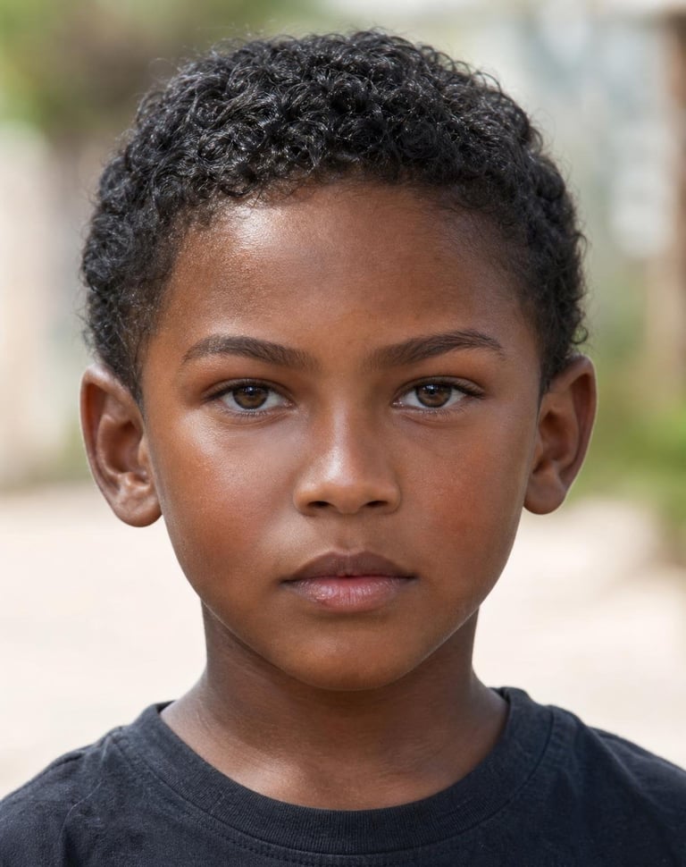 Create a photorealistic 6-year-old BOY using the uploaded FEMALE face as the pri