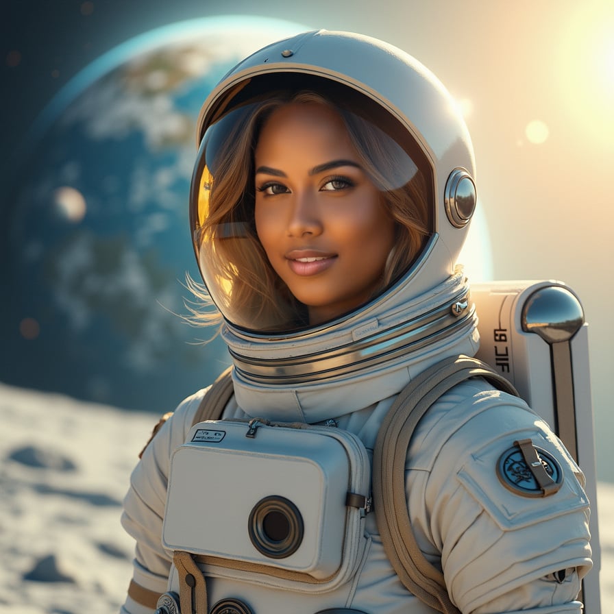 woman in a sleek white astronaut suit, with a futuristic backpack and oxygen tank, assembling a modular base camp on the moon's surface, wearing a shiny silver helmet with a gold visor, her hair neatly tucked inside, set against a breathtaking backdrop of the Earth rising over the lunar horizon.