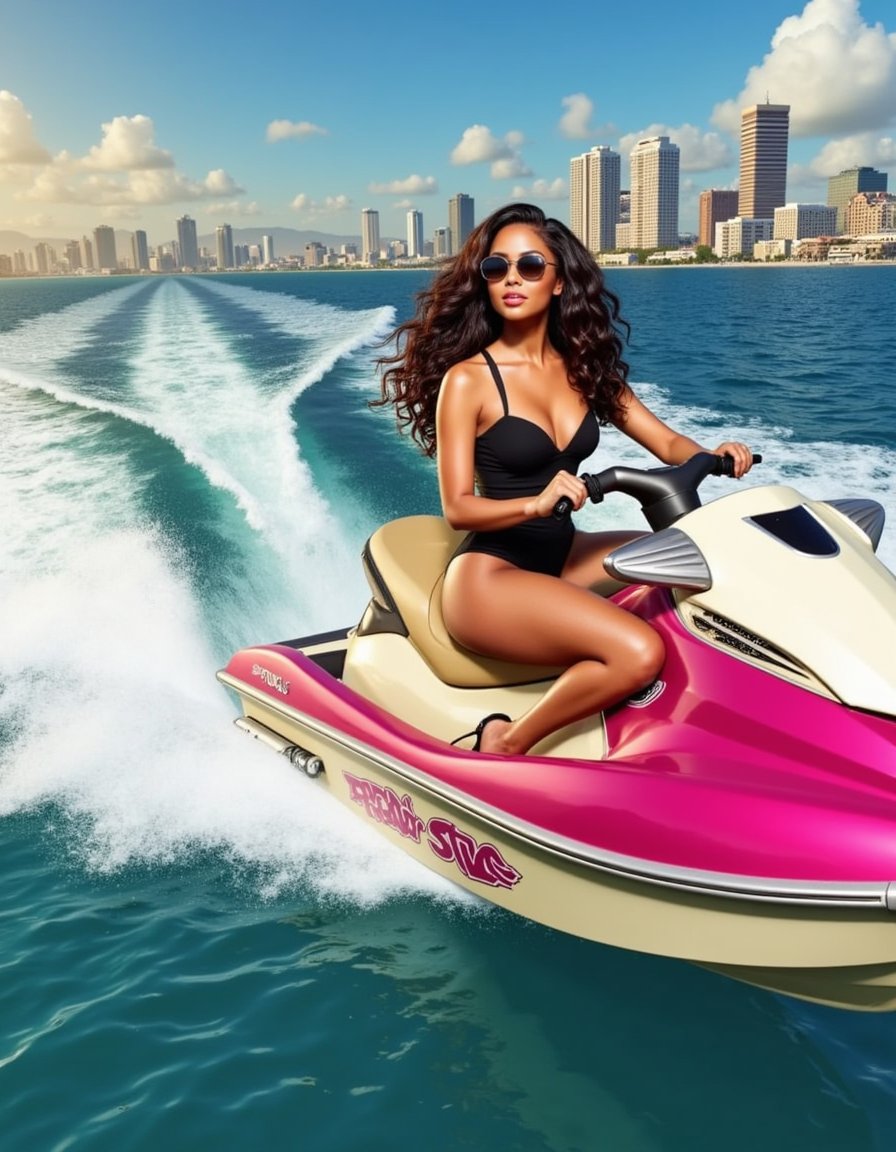 Design a game-ready woman for GTA 6: stylish yet dangerous, wearing a pastel power suit, stiletto heels, holding a pistol, golden hour lighting over Art Deco buildings