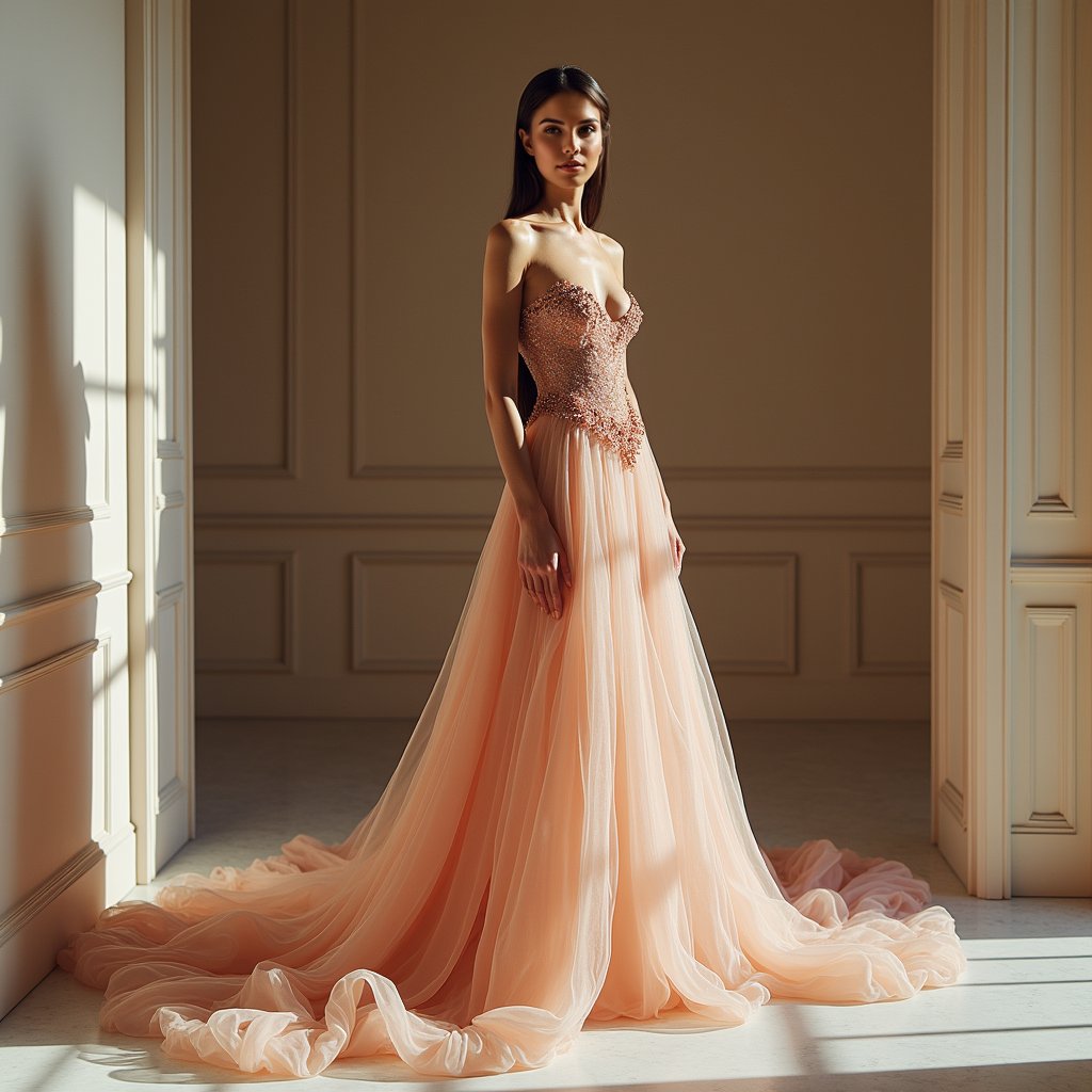 Stunning woman, multi-colored gown, plain wall, professional shot.