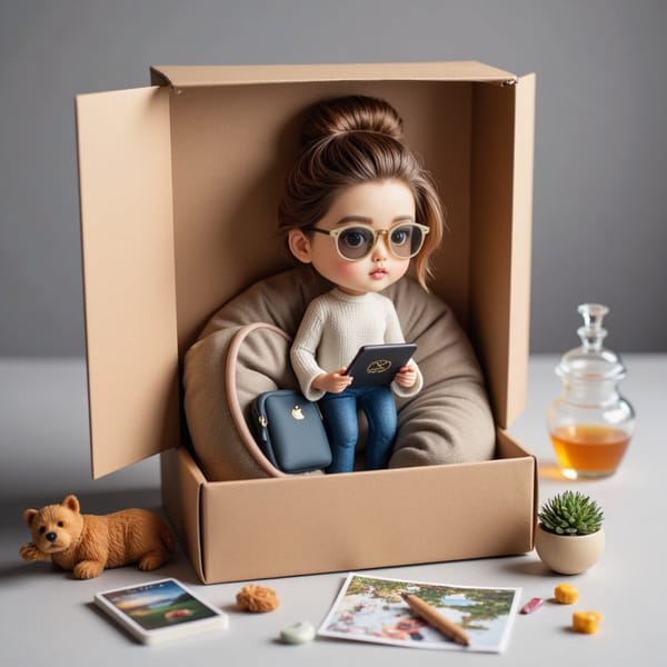A woman with messy bun and sunglasses, seated on a tiny bean bag with a travel backpack, laptop, smartphone, and passport. Background: mini postcards, world map, power bank.