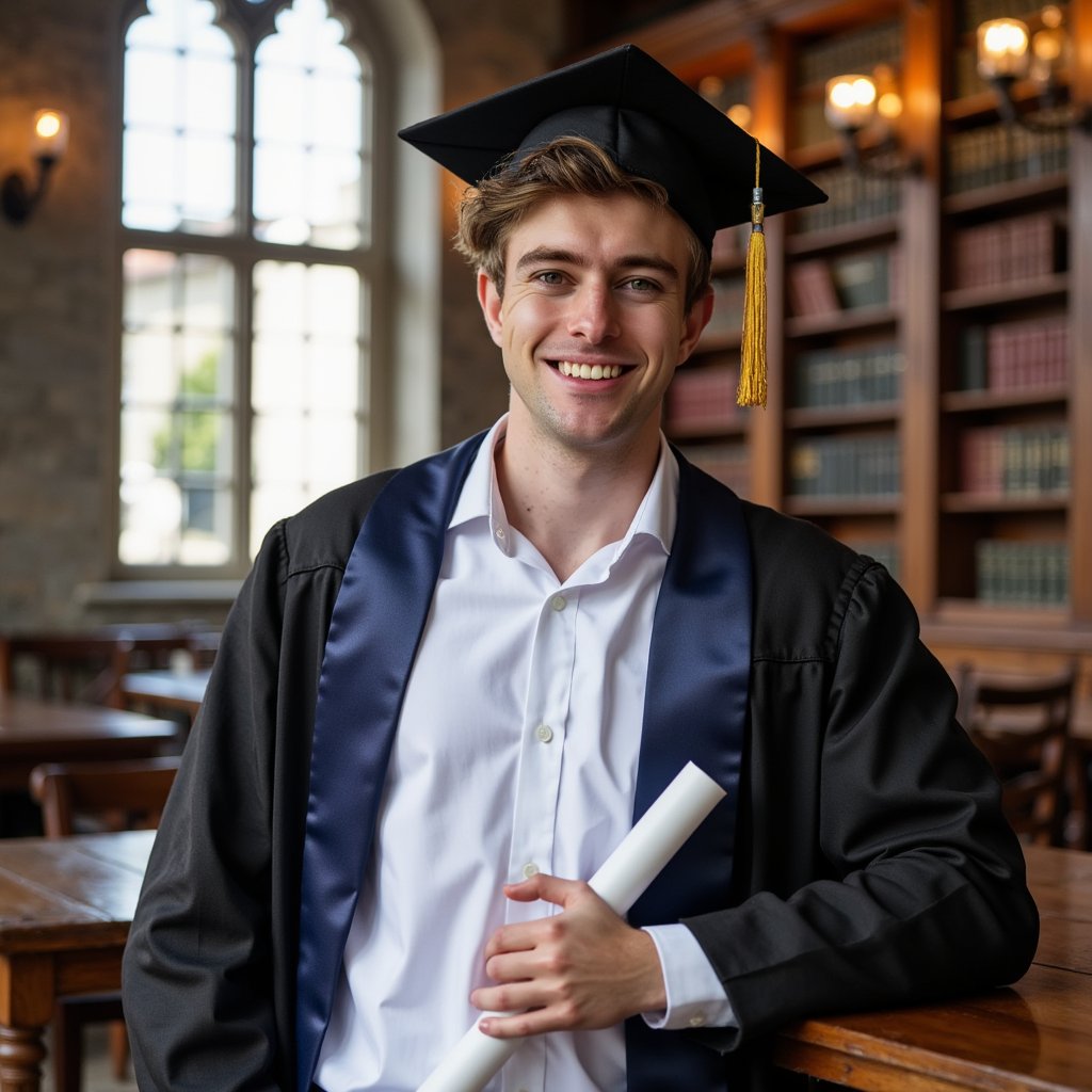 Waist-up portrait of a man graduate leaning lightly against a library table (hands out of frame), wearing a pressed white dress shirt beneath a black gown, navy stole with embroidered edge, mortarboard slightly angled; short side-part hairstyle, neatly groomed stubble; composed expression with a small closed-lip smile; camera at chest height for a subtle upward perspective; 50mm lens, f/2, Rembrandt lighting from a tall mullioned window to camera-left, soft negative fill on the right; background is blurred wooden bookshelves and warm tungsten sconces, giving a scholarly atmosphere; cloth details: fine weave of the gown, subtle threading on the tassel, crisp button placket; minimal clutter, controlled highlights, rich wood tones, highly detailed, highly realistic, HDR look.