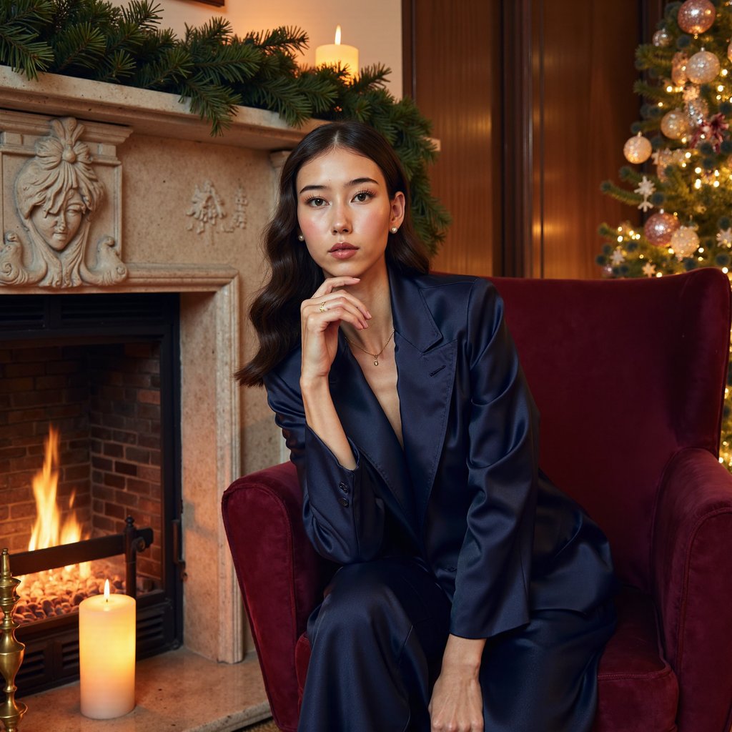 A poised woman seated in a deep burgundy velvet armchair near a glowing hearth; she’s angled slightly toward the camera with a calm, confident expression. Hairstyle: smooth side-part with soft vintage curls brushing one shoulder. Attire: navy satin blouse with billowing sleeves tucked into high-waisted wool trousers; fine gold pendant necklace. Fabric details: soft satin highlights on folds, visible wool twill, velvet upholstery grain. Camera: eye-level, 85mm, f/1.4 for luxurious shallow focus. Lighting: warm firelight key from one side + faint ambient fill for facial balance. Background: blurred stone fireplace, evergreen garland, flicker of candles on the mantle — minimal, cozy elegance. Pose: one elbow rested on chair arm, hand gently near chin, relaxed.
Render: highly detailed, highly realistic, HDR; rich depth, true skin texture, subtle reflections on satin fabric and jewelry.