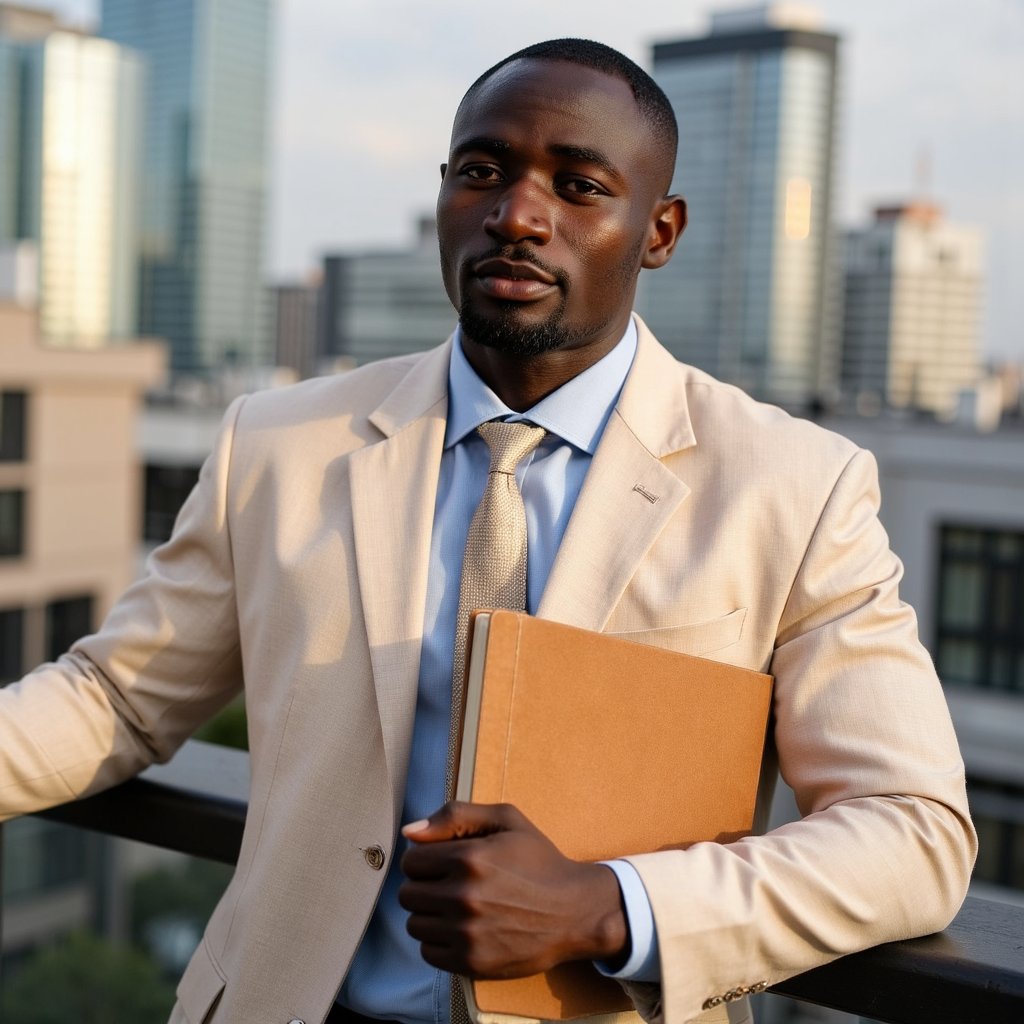 Highly realistic HDR environmental portrait of a man architect on a rooftop terrace; beige linen blazer, light blue shirt open at collar; textured sketchbook tucked under arm. Camera: 35mm lens, f/3.5, ISO 200, waist-up, low upward angle capturing skyline behind. Lighting: golden-hour sunlight from behind creates rim on hair and blazer edges, soft fill reflector from front; long directional shadows. Pose: one hand resting on terrace railing, gaze slightly off-camera, contemplative. Background: blurred glass towers and soft clouds, minimal clutter