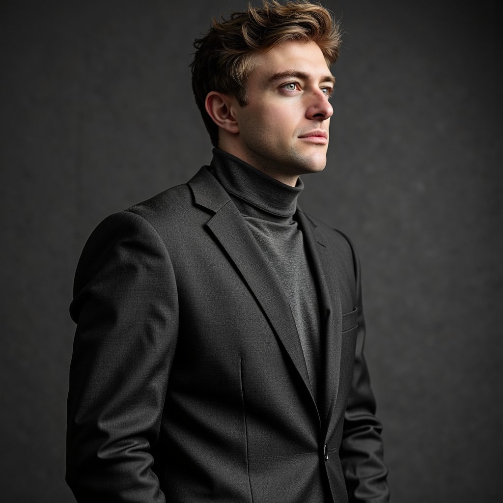 man wearing a charcoal gray turtleneck sweater, with his chin slightly raised, exhibiting elegant and deliberate posture. The studio's soft, directional lighting sculpts his features, casting subtle shadows that highlight the contours of his face. The backdrop is a seamless, deep slate grey, providing a minimalist and sophisticated frame for the portrait.