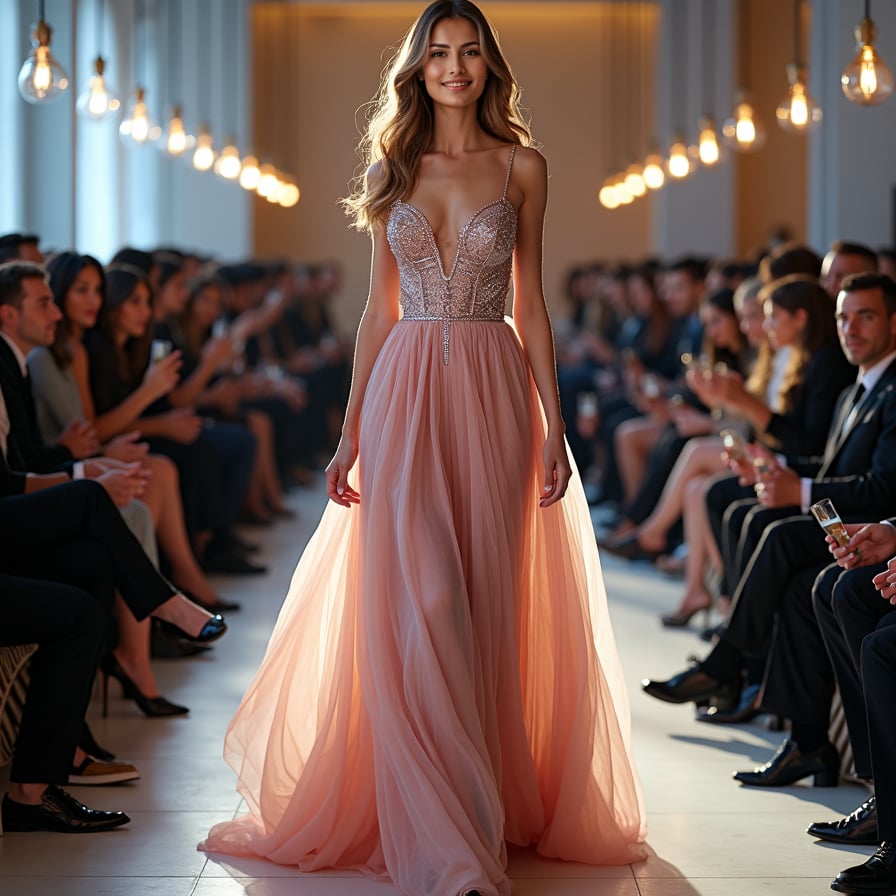 woman in a stunning, floor-sweeping evening gown, confidently strutting down a glamorous catwalk, surrounded by flashing cameras and a crowded audience, under the bright lights of a high-end fashion event.