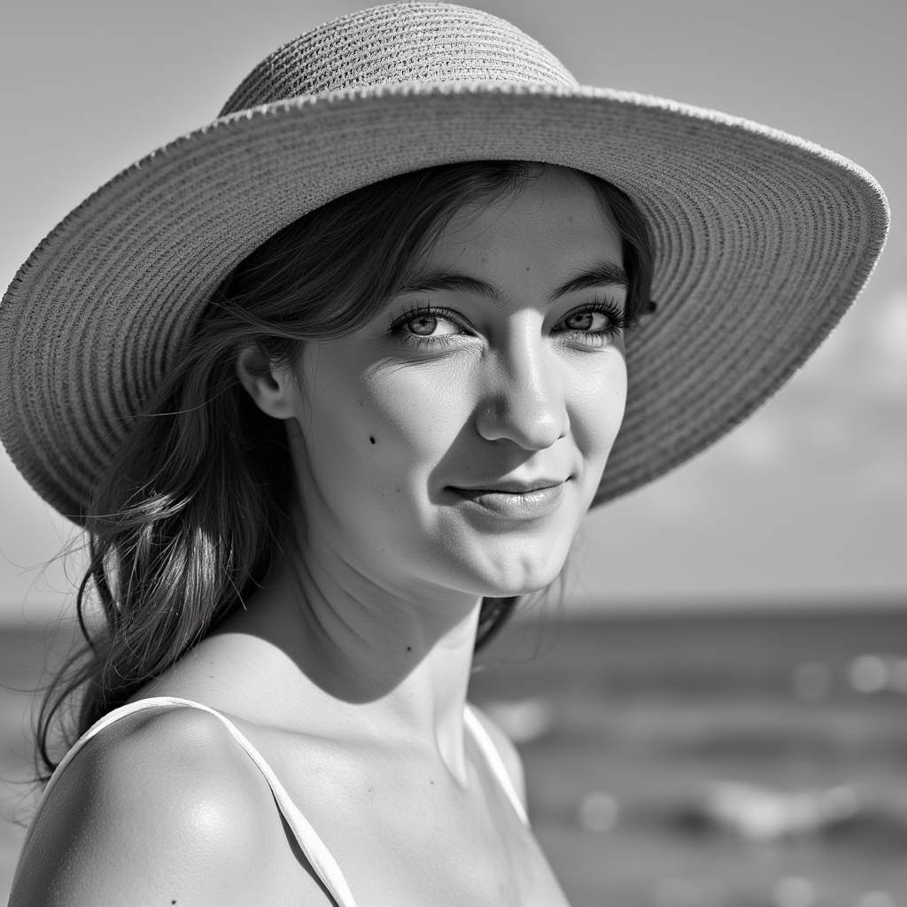 Adult woman — monochrome beachfront close-up portrait (black & white); attire: c