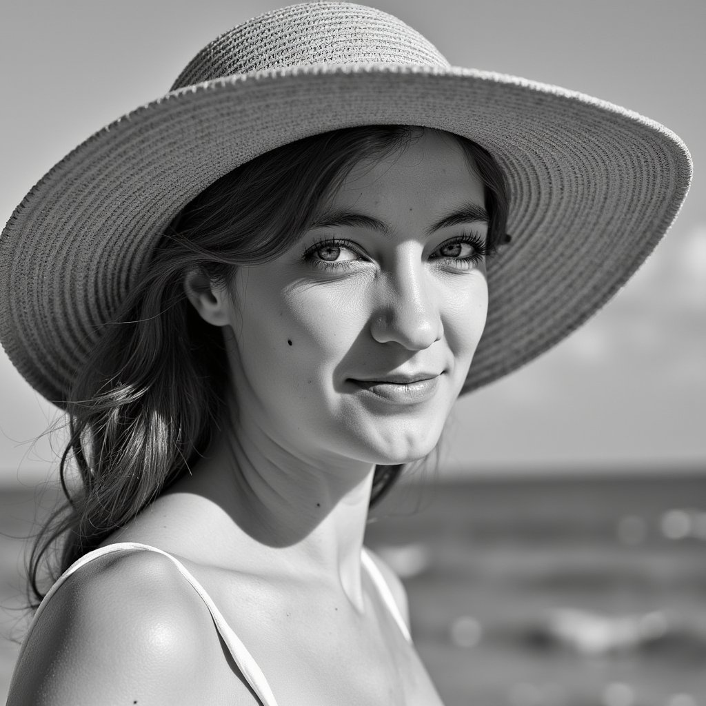 Adult woman — monochrome beachfront close-up portrait (black & white); attire: classic bandeau bikini (matte white) with a wide-brim raffia sunhat; hair: loose waves tucked behind one ear; pose: shoulders angled 20°, eyes to camera with soft smile; camera: 105mm macro used as portrait, f/3.5, ISO 100, 1/1250s; lighting: late-afternoon side light for crisp micro-contrast, white bounce for fill; background: blurred surf line and sky gradient, minimal elements; details: fine weave of hat brim sharply resolved, subtle fabric grain of bandeau, defined yet natural skin texture—no plasticity; style: highly realistic, highly detailed, HDR tonality in B&W, timeless fashion.