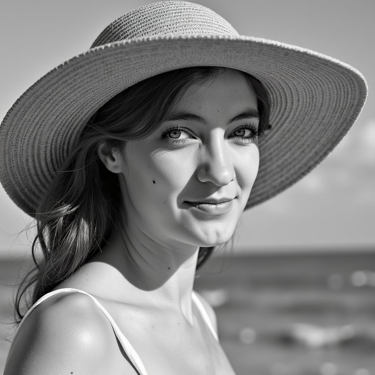 Adult woman — monochrome beachfront close-up portrait (black & white); attire: c