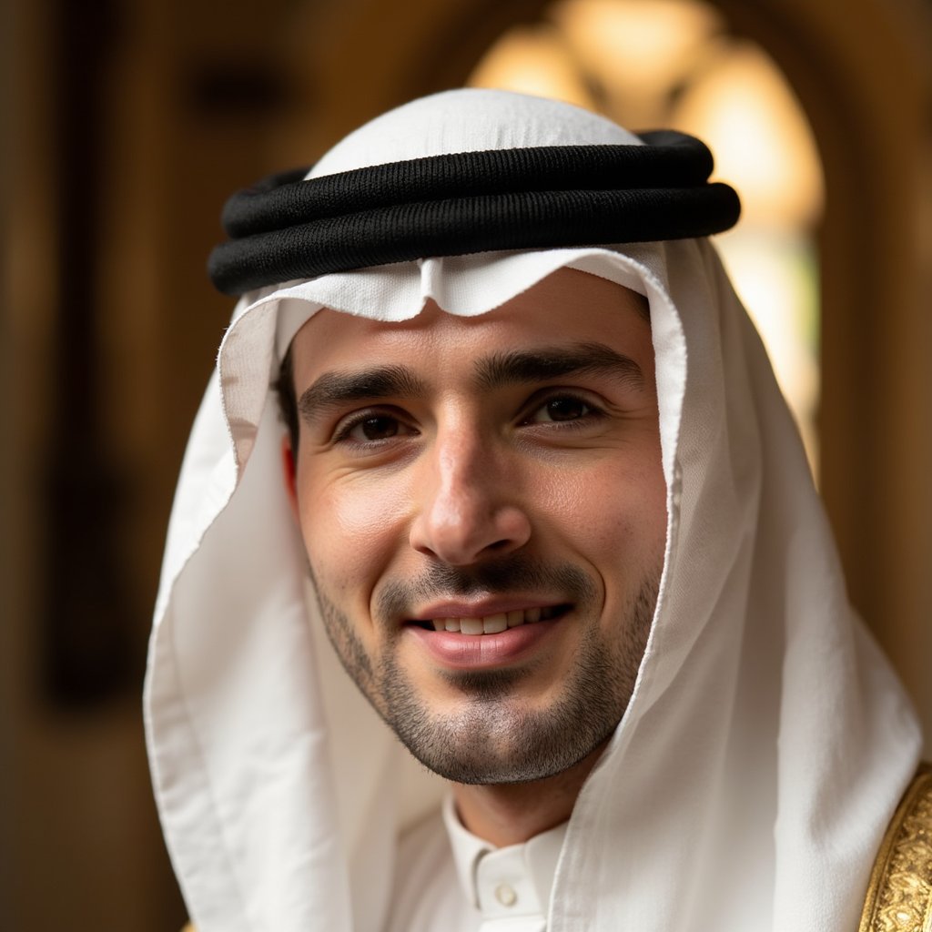 Portrait of a serene man in traditional thobe and kufi, soft warm lighting, gentle smile, peaceful expression — celebrating Mawlid with dignity