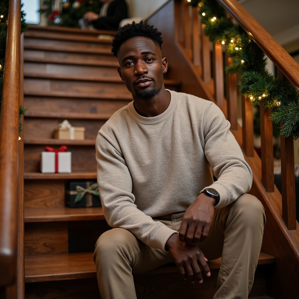 slightly high angle, close up of a man sitting on a wooden staircase decorated with simple christmas garland and subtle string lights along the railing. he wears a casual knit sweater with chinos, one elbow resting on a step behind him as he looks up toward the camera with a relaxed, thoughtful expression. a single opened gift box sits on a lower step, suggesting a quiet break during festivities. the lights along the railing create soft, warm reflections on the wood and gentle highlights in his hair, while the background fades into soft shadow to keep focus on him. the palette stays warm and inviting with just a faint suggestion of cooler tones from a distant window or hallway. cinematic staircase framing, ultra-detailed textures in wood, fabric, and skin, highly realistic, hdr.