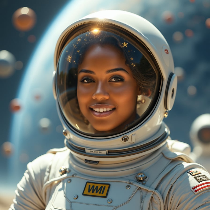 woman in a sleek white astronaut suit, wearing a helmet with a gold visor, smiling with a sense of wonder, surrounded by a halo of floating satellites, stars, and planets, against a breathtaking backdrop of the curved Earth, with a subtle glow of atmospheric light, and a hint of futuristic tech elements in the distance, conveying a sense of weightlessness and infinite possibilities.