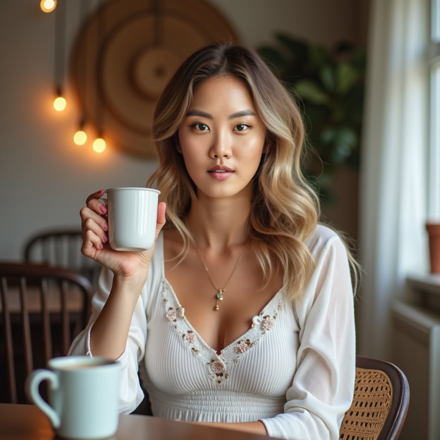 woman with a soft, playful expression. She is styled in comfortable, elegant clothing, sitting in a well-lit room with a cup of coffee or leaning against a rustic wooden fence. The image should highlight her natural charm and relatability