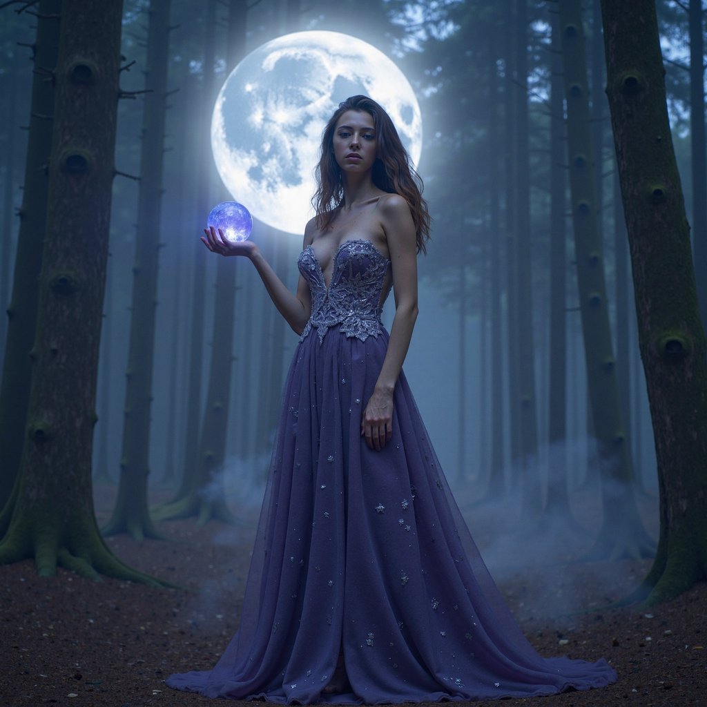 Create an ethereal cinematic portrait of me standing beneath a glowing moon in a misty forest. My gown is deep violet with shimmering silver embroidery that resembles constellations. My long hair flows in soft waves, and faint stardust particles swirl around me. I hold a crystal orb glowing faint blue, casting light onto my face. The background shows faint stars and drifting fog, with gentle rim lighting outlining my silhouette. The tone should feel whimsigothic, a blend of magic, elegance, and quiet foreboding, highly detailed and cinematic.