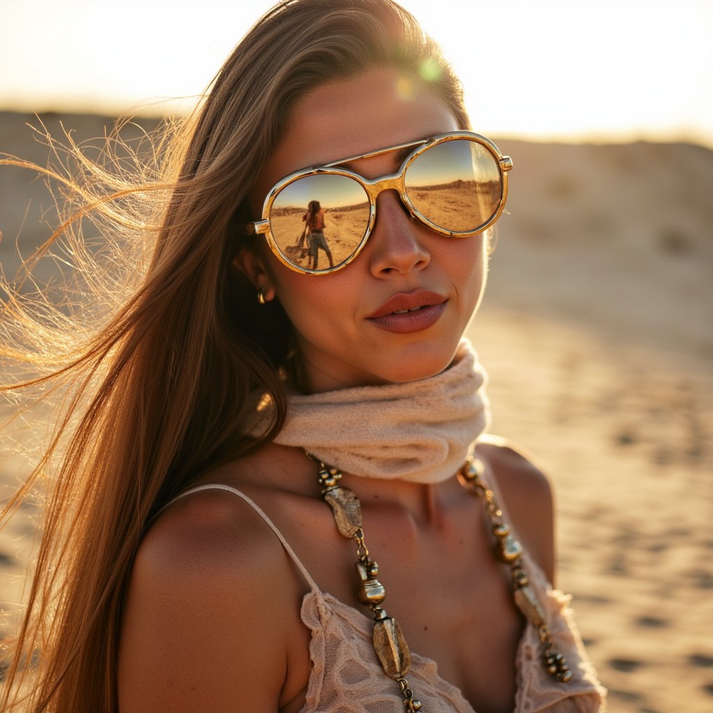 Portrait of a desert festival-goer at Burning Man 2025, reflective goggles, dust-covered scarf, windblown hair, golden hour desert lighting