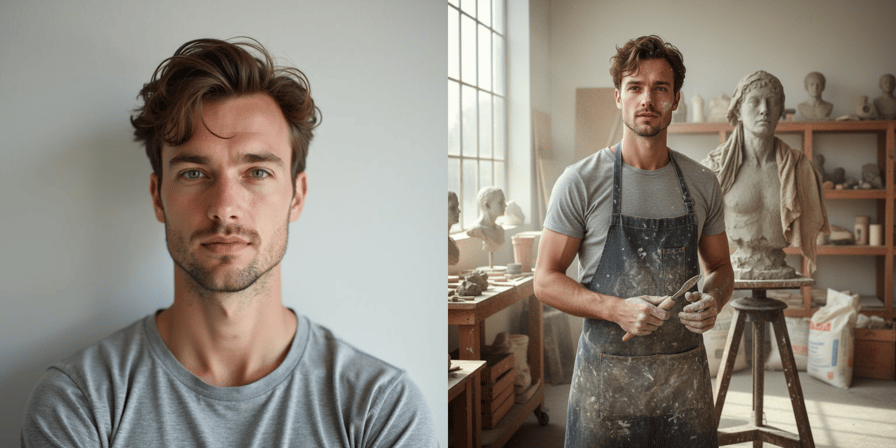 AI photo editor before and after - retouch photo with AI, change clothes in photo using AI, replace background with AI