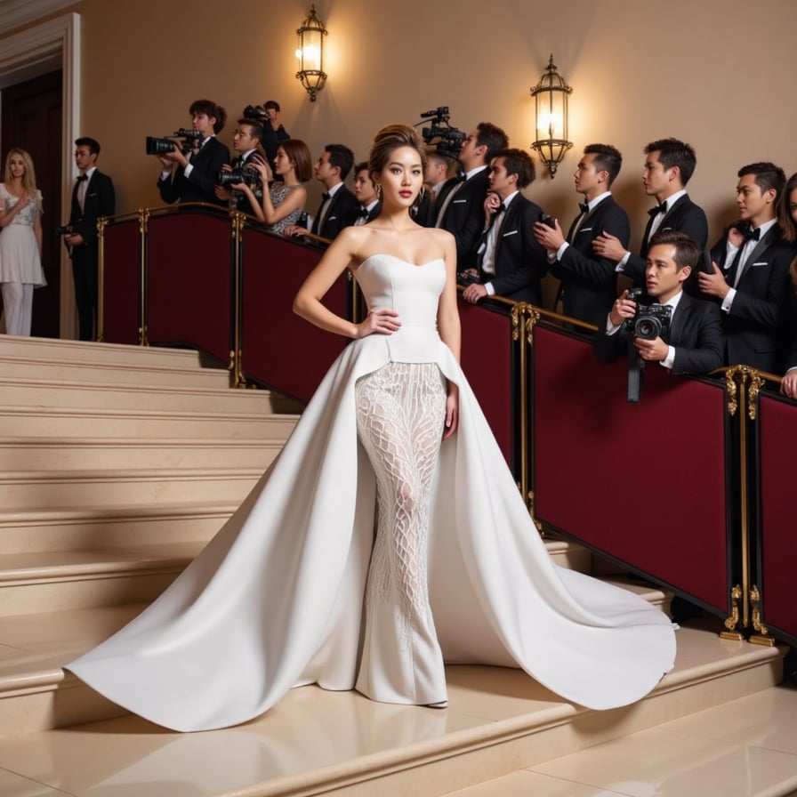 An ultra-minimalist Met Gala dress in solid white latex, with extreme silhouette — no jewelry, no patterns, just raw futuristic power and brutalist shapes.