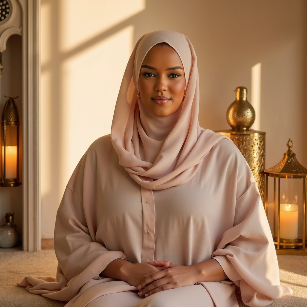 Knee-up portrait of a woman in a flowing abaya with soft pastel hues, subtle smile, surrounded by decorative lanterns in gentle golden light — inspired by Mawlid traditions