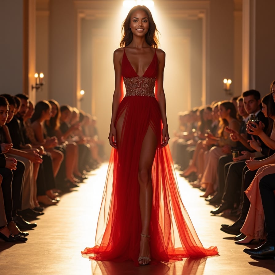 woman in a stunning, floor-sweeping evening gown, confidently strutting down a glamorous catwalk, surrounded by flashing cameras and a crowded audience, under the bright lights of a high-end fashion event.