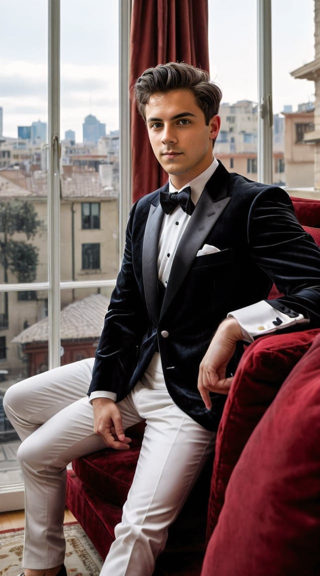 Luxurious man in tuxedo, opulent decor, velvet sofa.