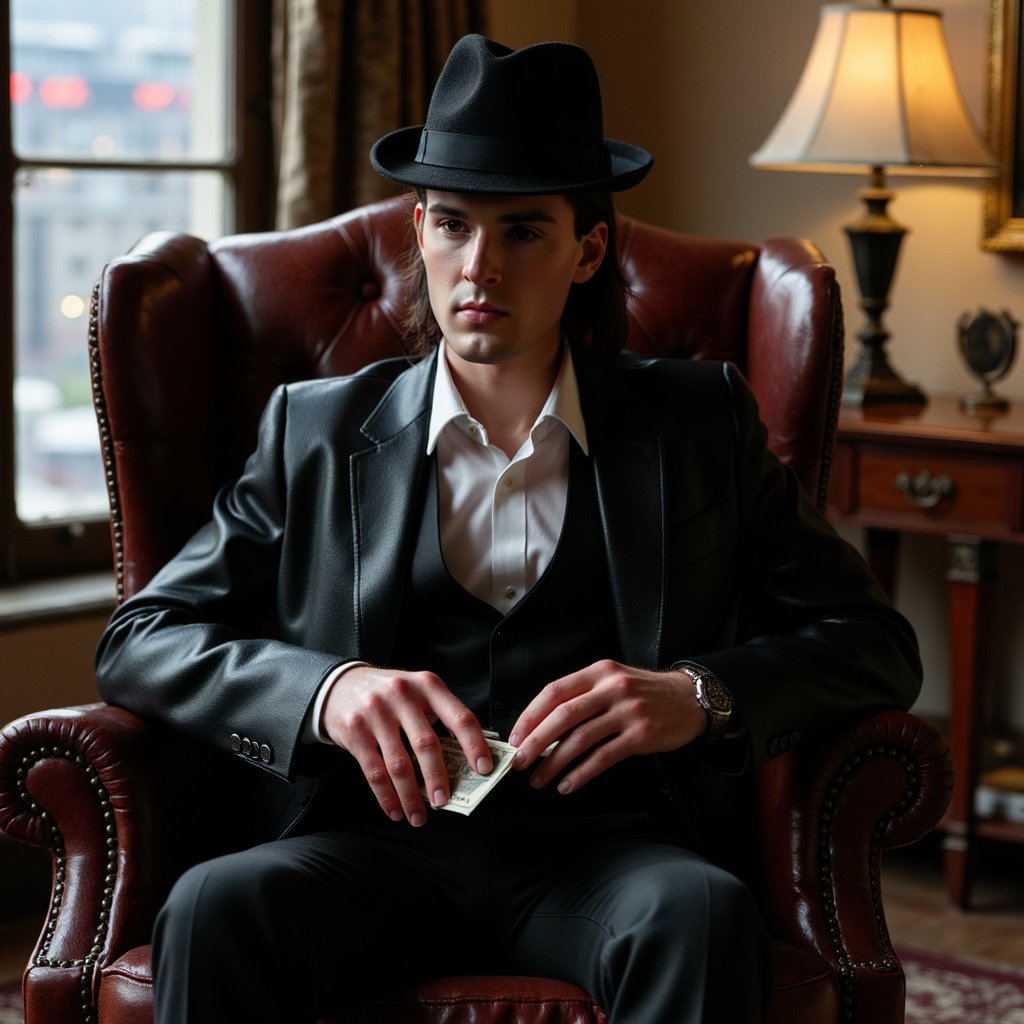35 mm f/2.8, overhead angle. Late 30s, medium skin, straight black hair in high sleek ponytail. Wearing a black leather jacket over tailored trousers, white silk blouse. Lighting: daylight from large window camera left, soft shadows defining jawline. Pose: hands mid-motion stacking bills, cigar resting in ashtray. Background: polished marble veining, blurred city skyline through glass.