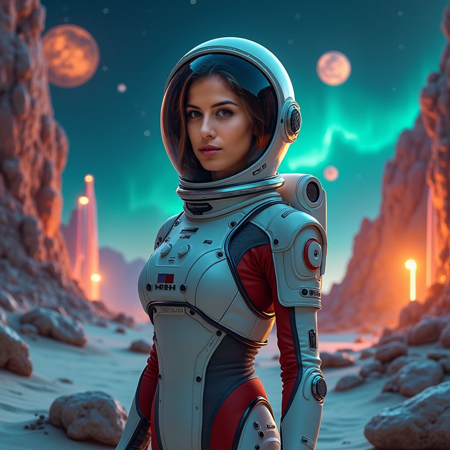 A woman stands in an alien landscape, facing the camera with a serene yet determined expression. She wears a sleek, advanced space suit, and behind her, exotic alien plants and glowing rocks dot the ground. The sky above is filled with planets, colorful nebulae, and distant stars, adding a mystical touch
