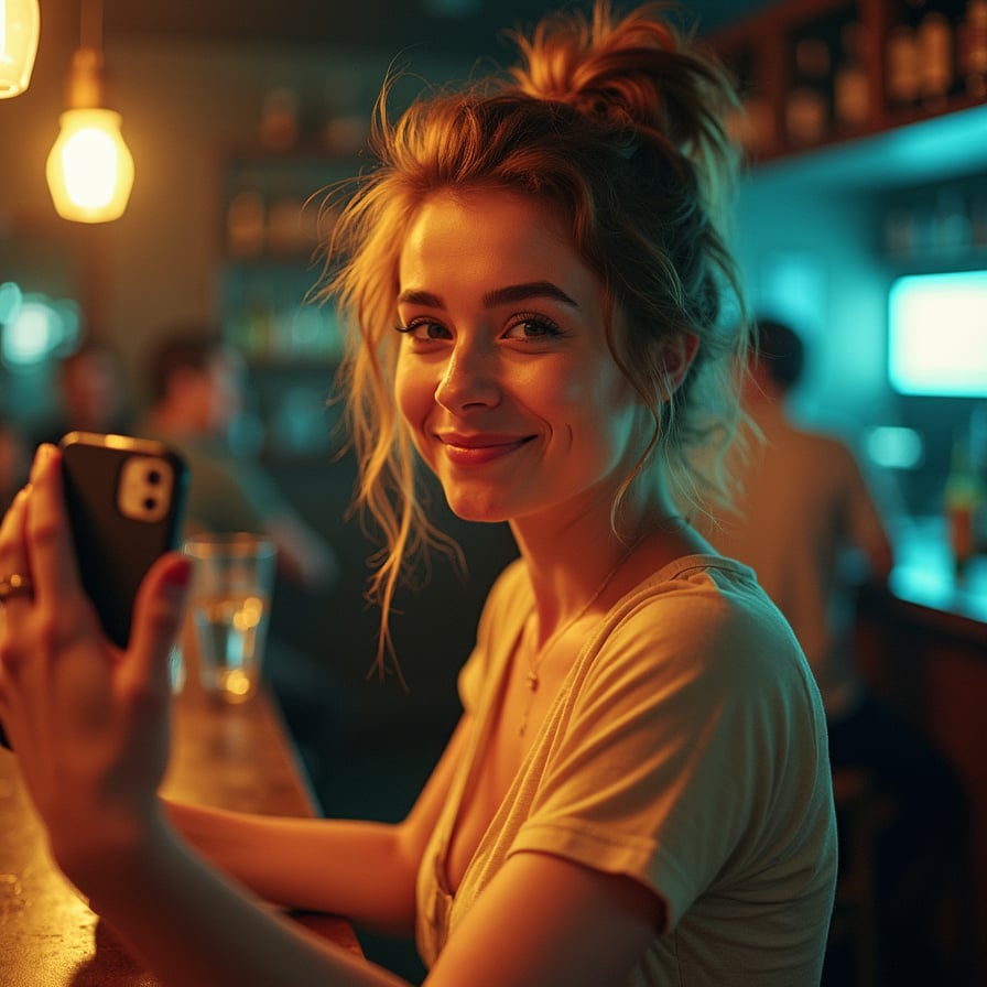 A selfie taken in a dimly lit bar, with noticeable motion blur capturing a sense of dynamism, appears under-exposed yet vibrant with a strong yellow cast that bathes the entire scene. The subject, a young woman with tousled hair and a smattering of makeup, smiles subtly, her facial features slightly softened by the blur. She wears a casual top and holds her phone at an angle, capturing a partial view of the dimly lit bar with scattered patrons and a few illuminated bottles behind her. The overall effect is a moody, candid shot with a distinct color tone.