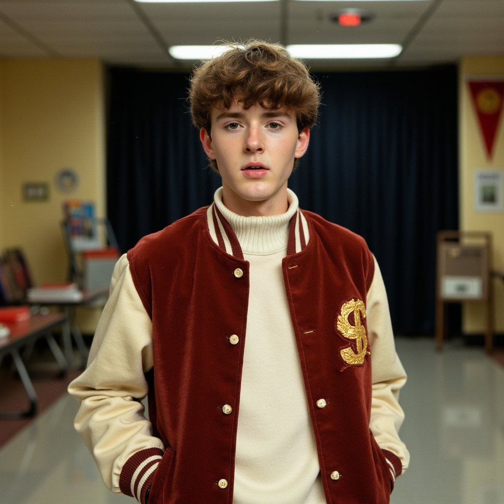 Hyper-detailed 1960s yearbook image of a drama club student mid-performance, shot from a low angle with a 35mm lens for theatrical emphasis. Subject wears a handmade Renaissance-style stage costume in heavy velvet with ornate gold trim, stitches and slight uneven seams visible on close inspection. The fabric catches warm tungsten stage light, producing deep shadows in the folds. His hair is slicked back but slightly disheveled from movement. Skin has a faint sheen from perspiration under the stage lights, highlighting cheekbones and temples. He’s mid-monologue, mouth slightly open, brows furrowed with expressive lines across the forehead. Background is fully darkened stage curtains, with only a faint edge light outlining his silhouette. Dust particles catch in the stage beam for added atmosphere.