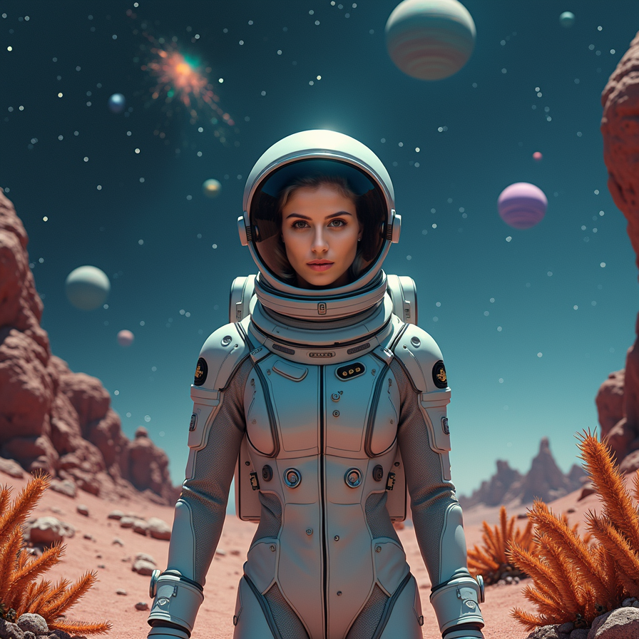 A woman stands in an alien landscape, facing the camera with a serene yet determ