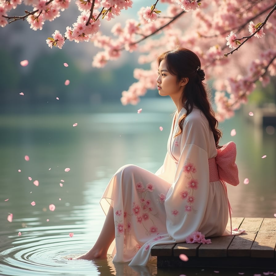A young woman sits on a wooden dock, dipping her feet into a calm river as cherry blossom petals drift on the water’s surface. She wears a flowing white dress, her expression peaceful as she gazes at the sunset.