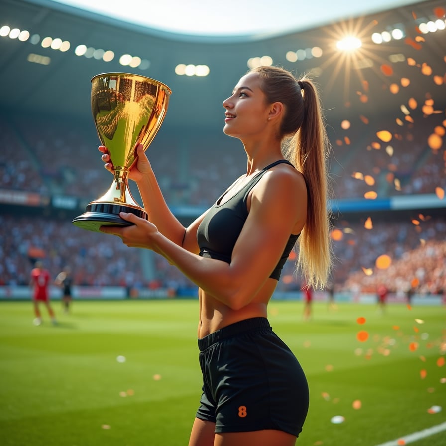 woman holding a shining trophy in her hand, beaming with pride and confidence, dressed in a sleek athletic outfit, standing in the center of a packed stadium with a roaring crowd of fans cheering in the background, bright stadium lights and confetti filling the air.