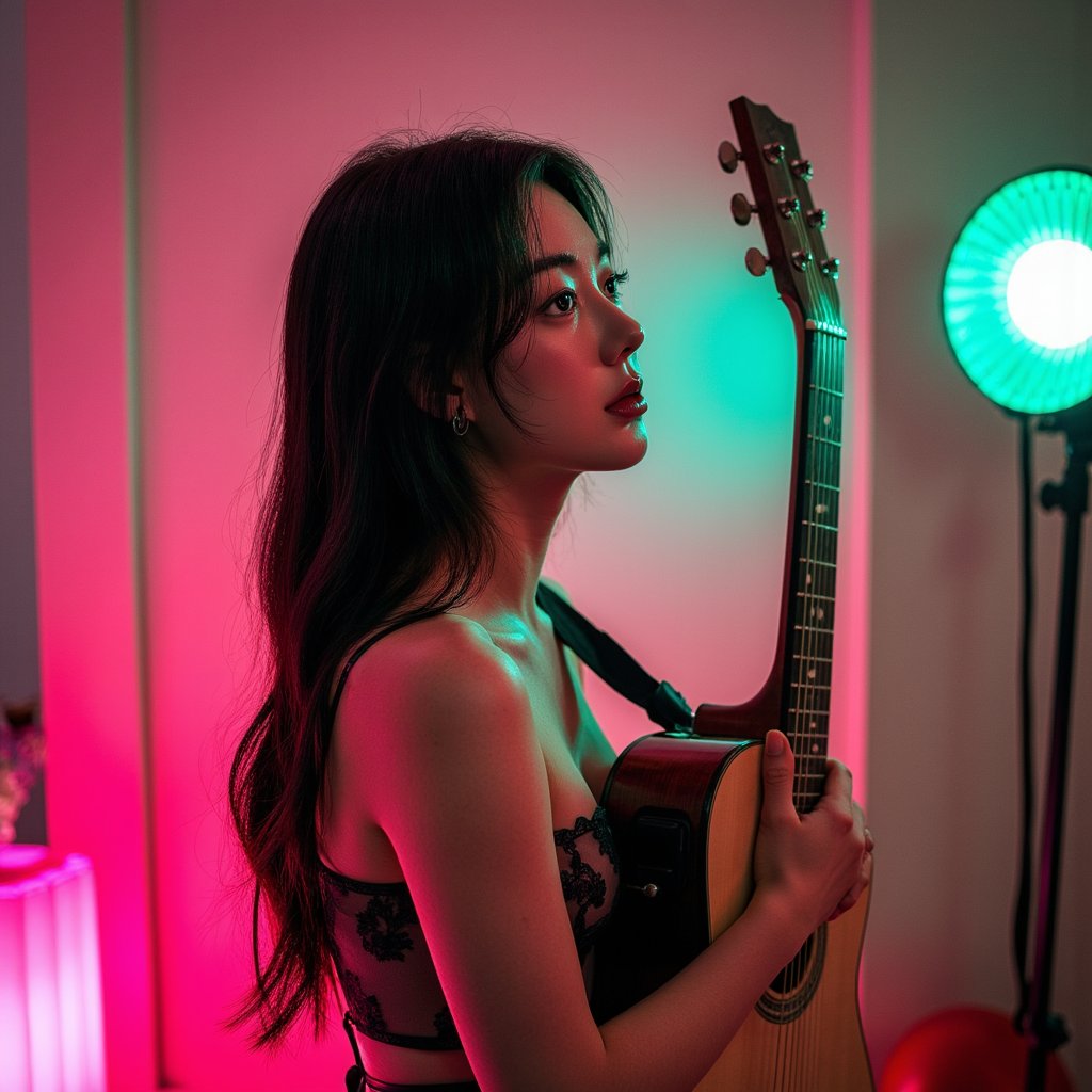 Side-profile headshot of a thoughtful musician with a guitar resting on shoulder, soft overhead spotlight, introspective vibe like a quiet rehearsal before going on stage