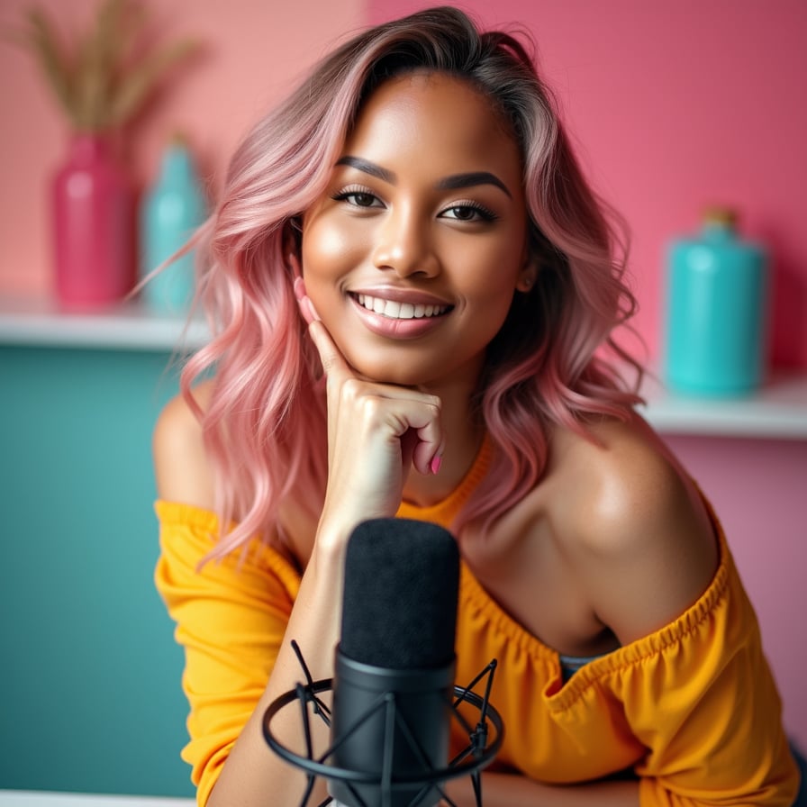 Create a customized thumbnail headshot of a woman with an expressive pose, such as holding her chin thoughtfully or gesturing energetically. She is wearing trendy clothing, with a vibrant and themed background that aligns with her content. The design should reflect her unique branding style